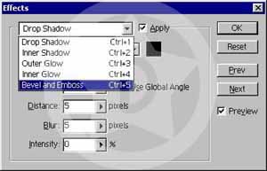 Effects mönüsü açıldığı zaman Drop Shadow seçeneği zaten otomatik olarak uygulanmış olacak. Drop Shadowun ayarlarına dokunmadan Bevel And Emboss (Ctrl + 5) seçeneğine gidip yandaki Apply kutucuğunu işaretleyelim.