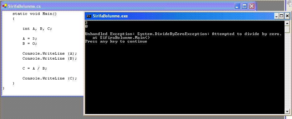 C değişkenini ekrana yazan Console.WriteLine ifadesi, program kesildiğinden dolayı görüntülenmez.