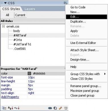 Dreamweaver CSS styles paneli