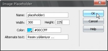Dreamweaver Image placeholder ekleme iletişim penceresi