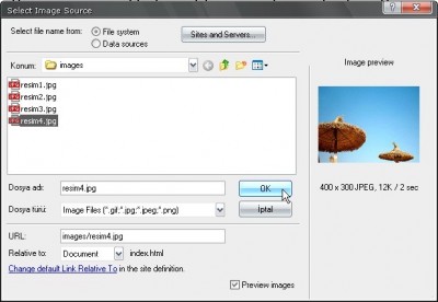 Dreamweaver Resim ekleme iletişim penceresi ile resim dosyamızın nerede olduğunu seçiyoruz